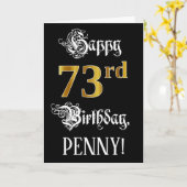 Carte 73e anniversaire — Script fantaisie; look or Faux; (Fleur jaune)