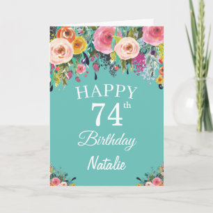 Carte 74e anniversaire Aquarelle Florale Fleurs Turquois