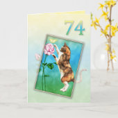 Carte 74e anniversaire avec un chat ludique (Fleur jaune)