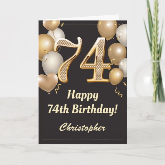 Carte 74e anniversaire Ballons Noir et Or Confetti (Devant)