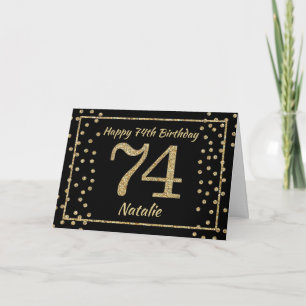 Carte 74e anniversaire Parties scintillant Noir et Or Ca