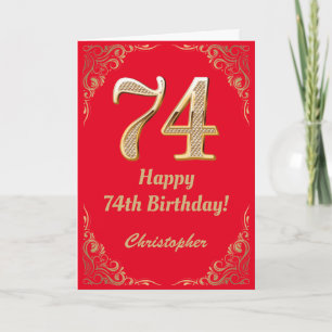 Carte 74e anniversaire Parties scintillant rouge et or