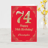 Carte 74e anniversaire Parties scintillant rouge et or (Fleur jaune)