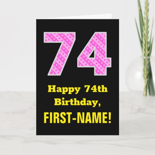 Carte 74e anniversaire : Pink Stripes and Hearts "74" + (Devant)