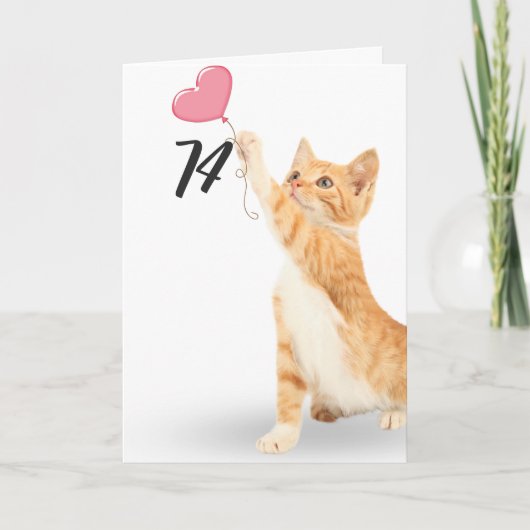 Carte 74e anniversaire tabby chat avec ballon cardiaque (Devant)