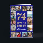 Carte 74e Joyeux Anniversaire Marine Bleu & Gold Photo C<br><div class="desc">74th Happy Birthday Navy Blue and Gold Photo Collage Birthday Card. Pour plus de personnalisation,  cliquez sur le bouton "Customiser" et utilisez notre outil de conception pour modifier ce modèle.</div>