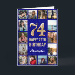 Carte 74e Joyeux Anniversaire Marine Bleu & Gold Photo C<br><div class="desc">74th Happy Birthday Navy Blue and Gold Photo Collage Birthday Card. Pour plus de personnalisation,  cliquez sur le bouton "Customiser" et utilisez notre outil de conception pour modifier ce modèle.</div>