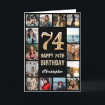 Carte 74e Joyeux Anniversaire noir et or Collage photo<br><div class="desc">74th Happy Birthday Black and Gold Photo Collage Birthday Card. Pour plus de personnalisation,  cliquez sur le bouton "Customiser" et utilisez notre outil de conception pour modifier ce modèle.</div>