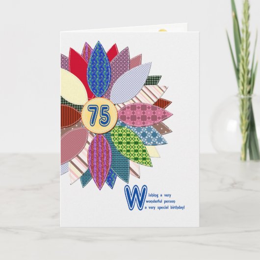 Carte 75 ans, anniversaire de fleur cousue (Devant)