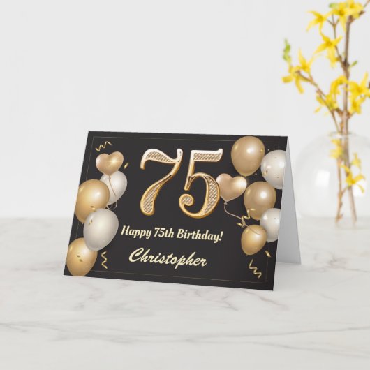 Carte 75e anniversaire Ballons noirs et or Anniversaire (Fleur jaune)