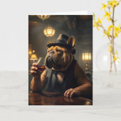Carte 75e anniversaire Bulldog tenant un verre (Fleur jaune)