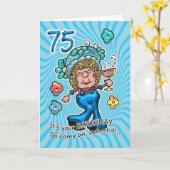 Carte 75e Anniversaire - Dame Amusante Avec Verre (Fleur jaune)