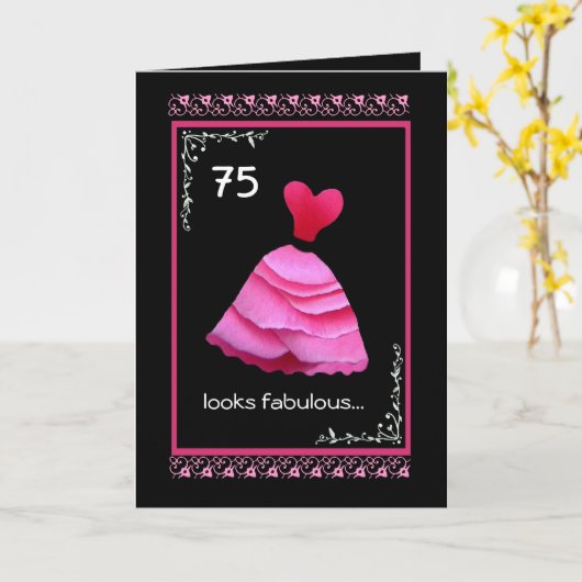 Carte 75e anniversaire fabuleux avec robe rose (Fleur jaune)
