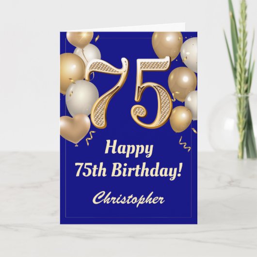 Carte 75e anniversaire Marine Bleu et Ballons d'or Confe (Devant)