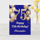Carte 75e anniversaire Marine Bleu et Ballons d'or Confe (Fleur jaune)
