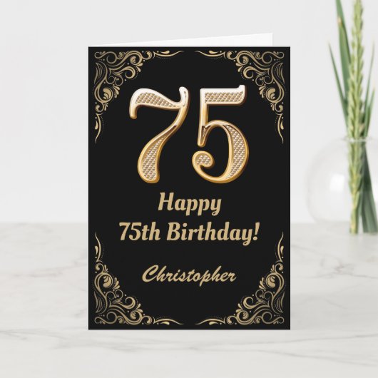 Carte 75e anniversaire Parties scintillant noir et or (Devant)
