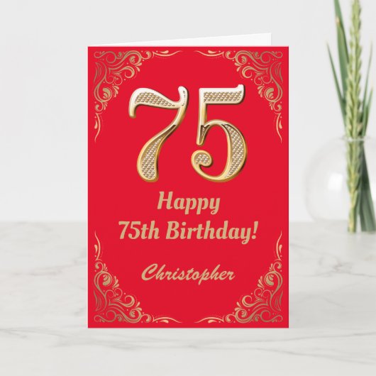 Carte 75e anniversaire Parties scintillant rouge et or (Devant)