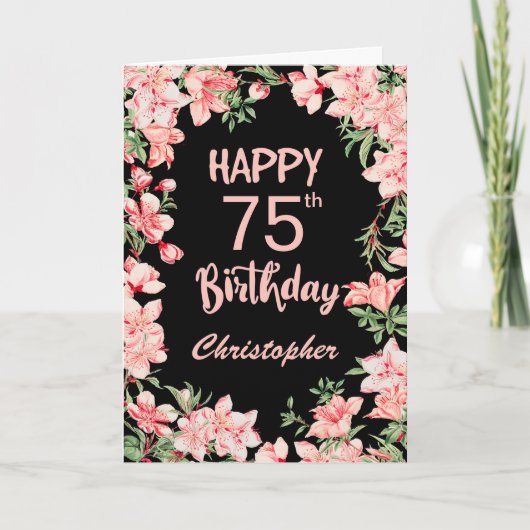 Carte 75e anniversaire Peach rose aquarelle Floral Noir (Devant)
