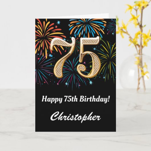 Carte 75e anniversaire Rainbow Fireworks noir et or (Fleur jaune)