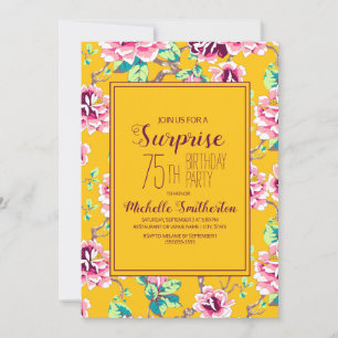 Carte 75e fête d'anniversaire surprise Fleurs roses jaun