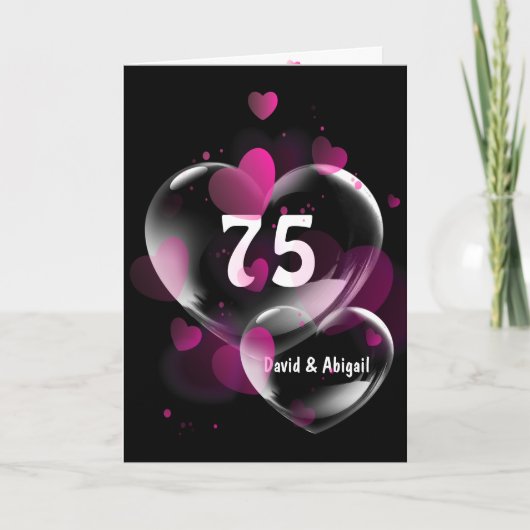 Carte 75ème Anniversaire Bubbles de Coeur Rose sur Noir (Devant)
