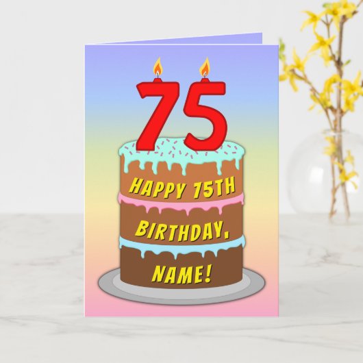 Carte 75th Birthday — Fun Cake & Candles, w/ Custom Name (Fleur jaune)