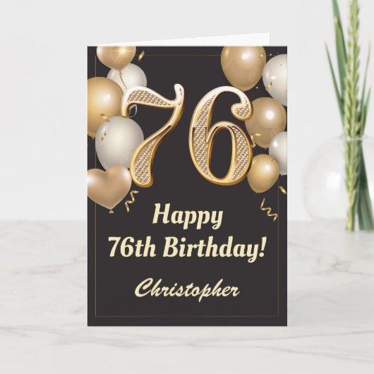 Carte 76e anniversaire Ballons Noir et Or Confetti (Devant)