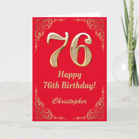Carte 76e anniversaire Parties scintillant rouge et or (Devant)