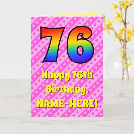Carte 76e anniversaire : Pink Stripes & Hearts, Arc en c (Fleur jaune)