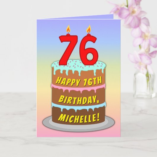 Carte 76e Birthday — Fun Cake & Candles, w/ Custom Name (Orchidée)