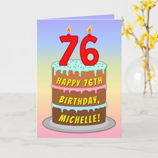 Carte 76e Birthday — Fun Cake & Candles, w/ Custom Name (Fleur jaune)