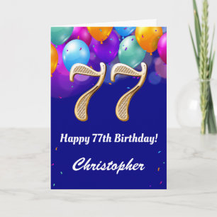 Carte 77e anniversaire Ballons bleu et or couleur marine