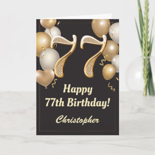 Carte 77e anniversaire Ballons Noir et Or Confetti