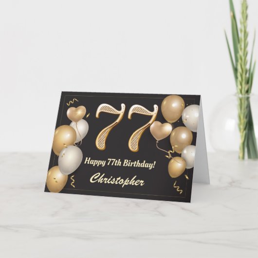 Carte 77e anniversaire Ballons noirs et or Anniversaire (Devant)