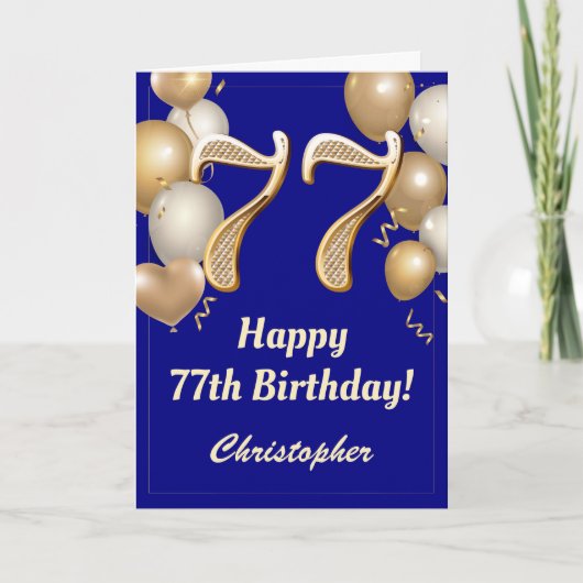Carte 77e anniversaire Marine Bleu et Ballons d'or Confe (Devant)