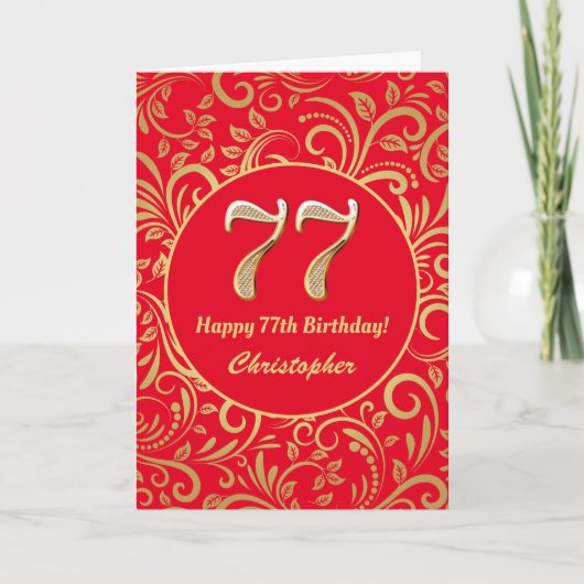 Carte 77e anniversaire Motif Floral rouge et or (Devant)