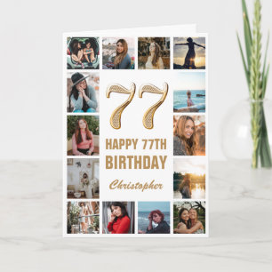 Carte 77e Joyeux Anniversaire Collage photo d'or et blan