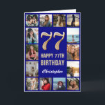 Carte 77e Joyeux Anniversaire Marine Bleu & Gold Photo C<br><div class="desc">77th Happy Birthday Navy Blue and Gold Photo Collage Birthday Card. Pour plus de personnalisation,  cliquez sur le bouton "Customiser" et utilisez notre outil de conception pour modifier ce modèle.</div>