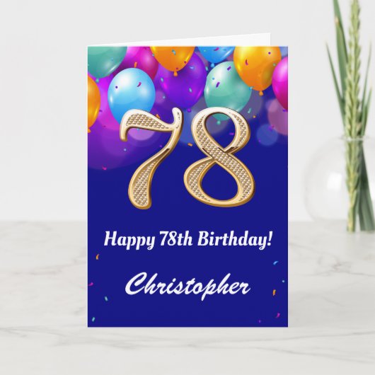 Carte 78e anniversaire Ballons bleu et or couleur marine (Devant)