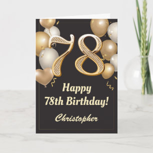 Carte 78e anniversaire Ballons Noir et Or Confetti