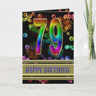 Carte 79e anniversaire avec bulles arc-en-ciel et feux d