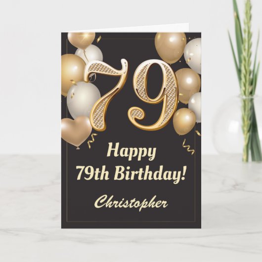 Carte 79e anniversaire Ballons Noir et Or Confetti (Devant)