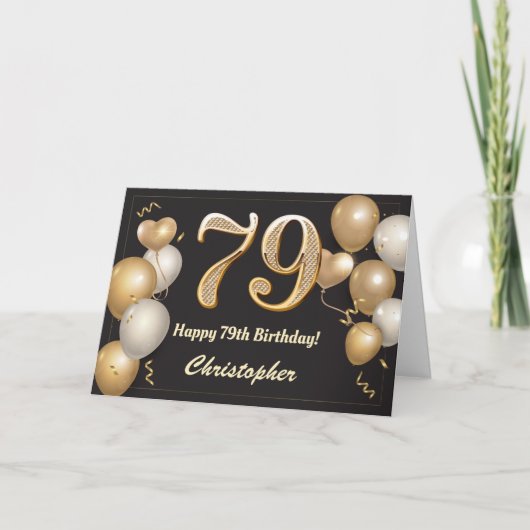Carte 79e anniversaire Ballons noirs et or Anniversaire (Devant)