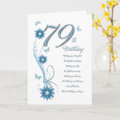 Carte 79e anniversaire en turquoise avec fleurs et papil (Fleur jaune)