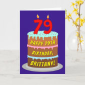Carte 79e anniversaire : Fun Cake and Candles + Nom pers (Fleur jaune)