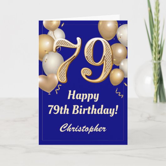 Carte 79e anniversaire Marine Bleu et Ballons d'or Confe (Devant)