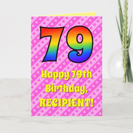 Carte 79e anniversaire : Pink Stripes & Hearts, Arc en c (Devant)