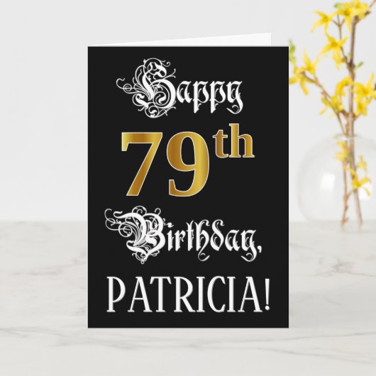 Carte 79e anniversaire — Script fantaisie; look or Faux; (Fleur jaune)