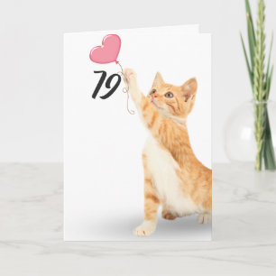 Carte 79e anniversaire tabby chat avec ballon cardiaque