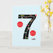 Carte 7 ans, 7 ans, voitures jouets et route (Fleur jaune)